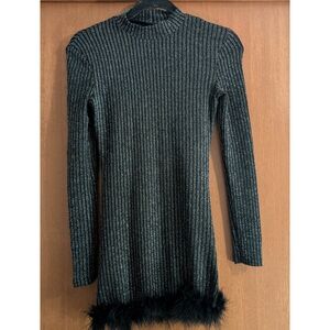 Elegant Black Ribbed Dress with Feather Trim